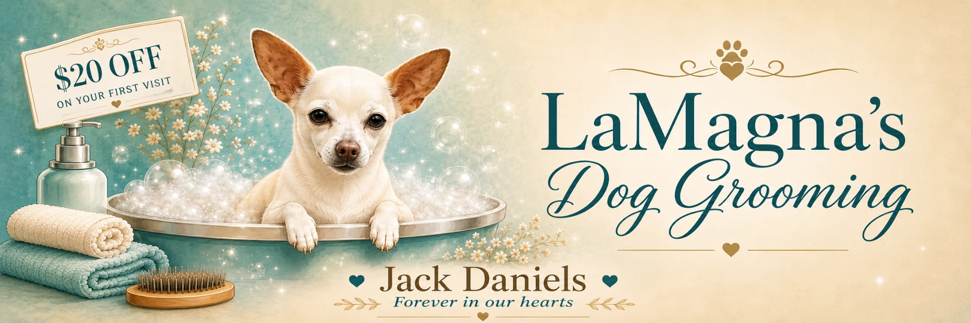 LaMagna's Dog Grooming banner featuring Jack Daniels in the bath with a $20 off first visit sign